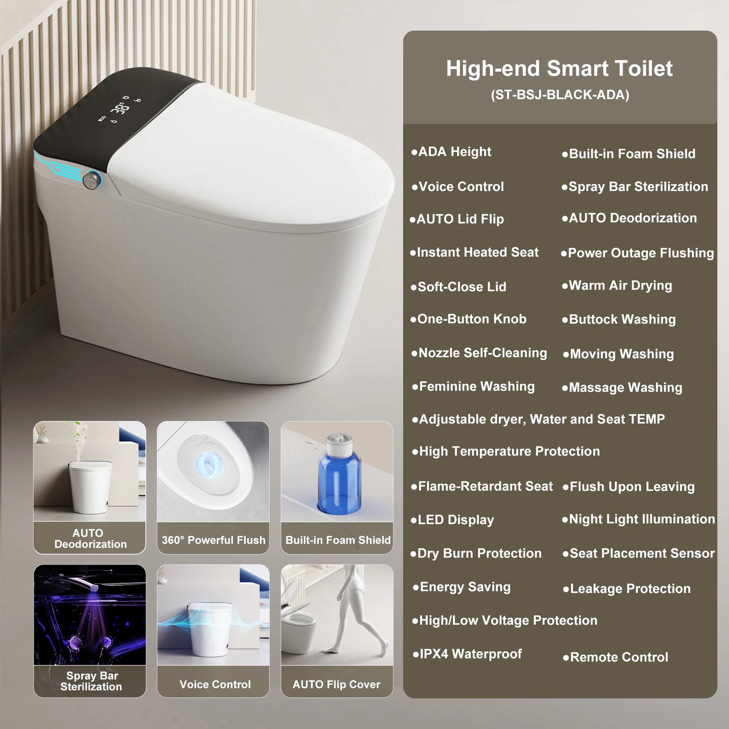 Elongated Smart Toilet with Bidet Built in, ADA Bidet Height, Foam Dispenser, One-Piece Toilet with Instant Warm Water and Dryer