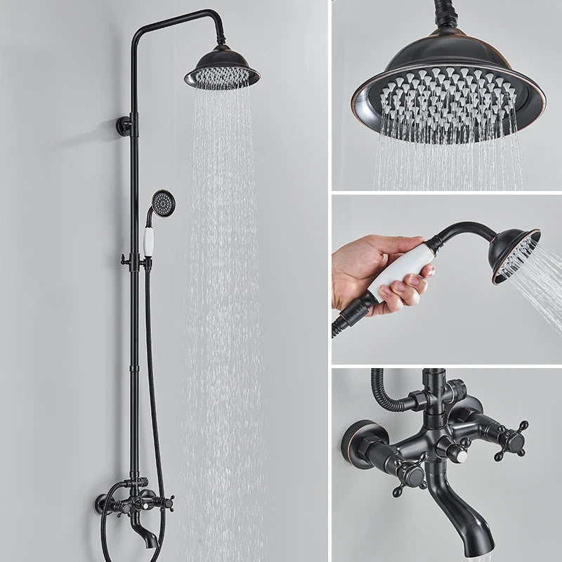 Black Bronze Bathroom Shower Faucet Set Wall Mount Dual Handle with Handshower Brass Bathroom Shower Hot Cold Water Mixer Tap