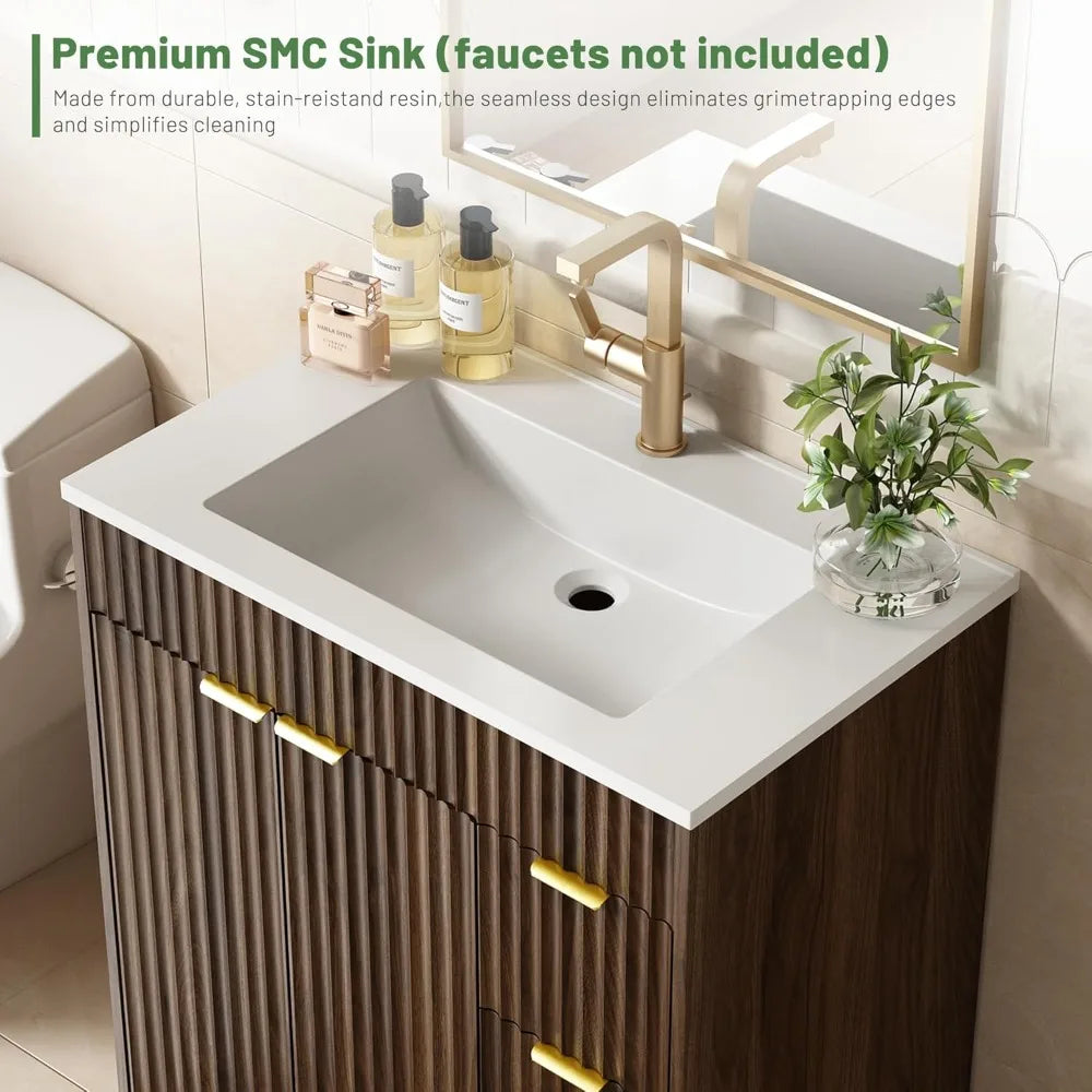 30 Inch Modern Fluted Bathroom Vanity with Sink, Storage Cabinet, Adjustable Shelf, Soft Closing Doors & Drawers in Walnut