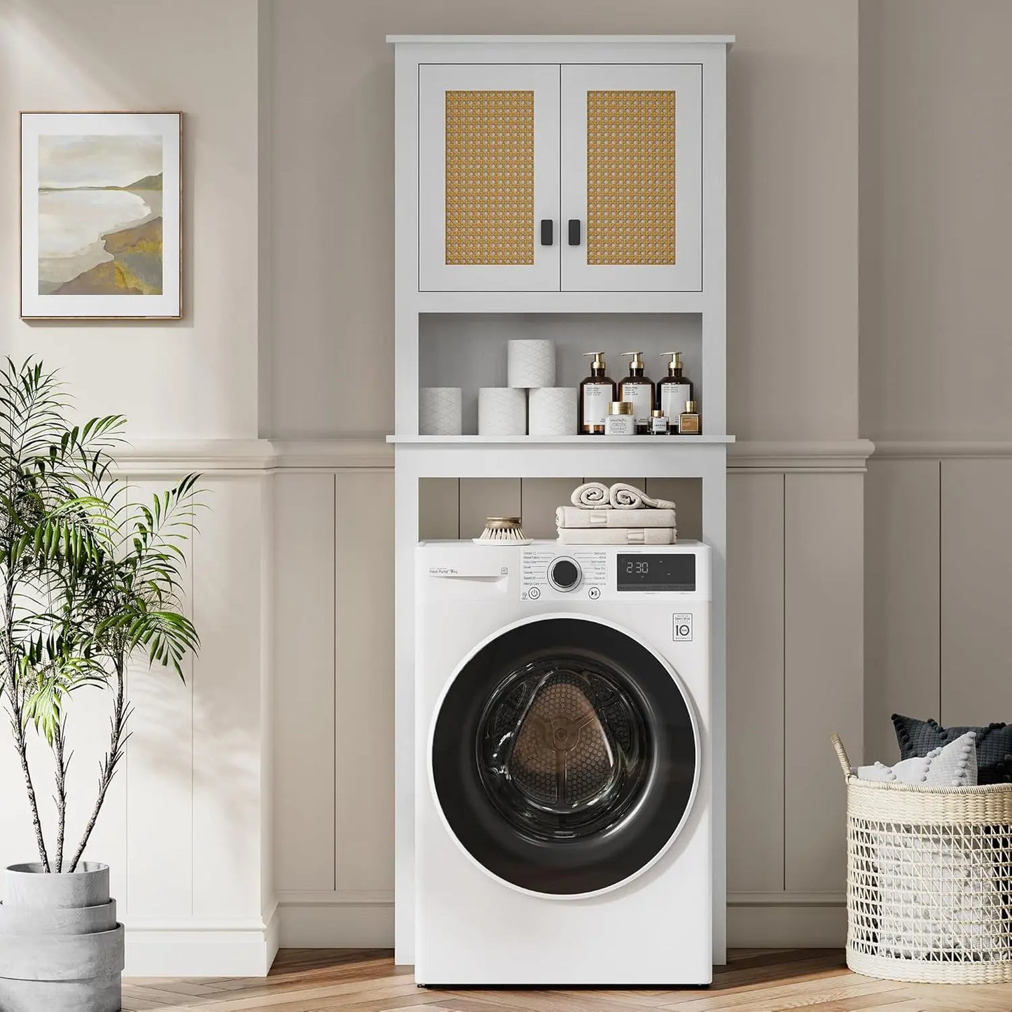 Farmhouse White Over Toilet Storage Cabinet with Natural Rattan Doors, Adjustable Shelf Toilet Rack