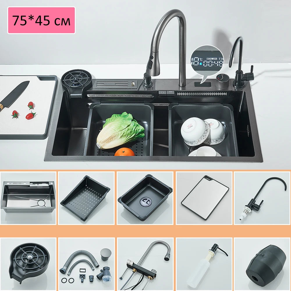 304 Stainless Steel Kitchen Sink Double Waterfall Single Slot Integrated Digital Display Faucet Set Soap dispenser Cup Washer