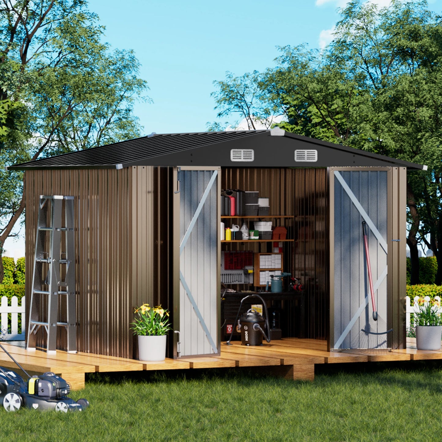 Comhoma Shed Outdoor Storage Shed Metal, Lockable Doors Tool Sheds with Sloping Roof, Steel Garden Shed with Air Vent