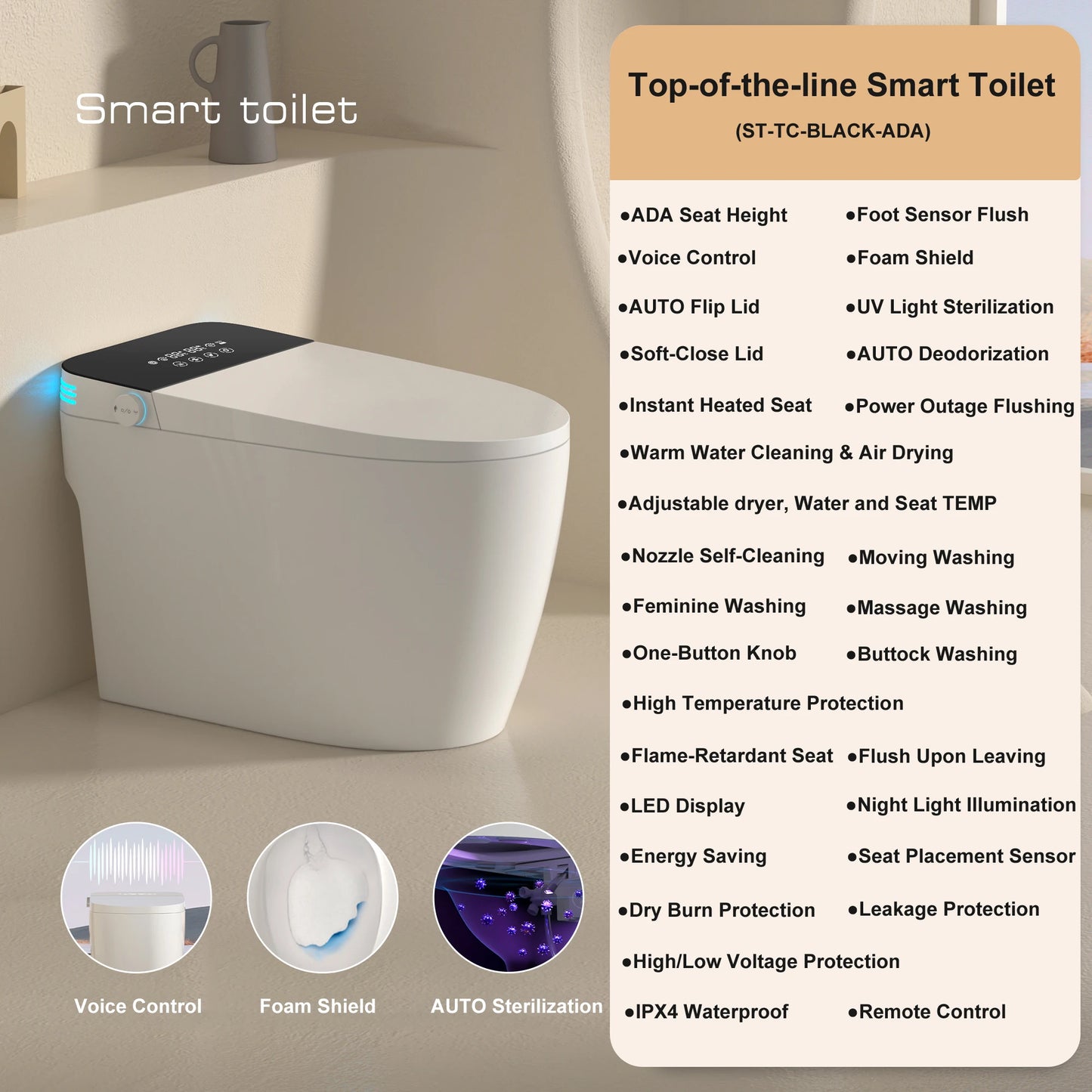 Smart Toilet with Built-in Bidet, AUTO Open/Close, Warm Water Sprayer, AUTO Dual Flush, Heated Bidet Toilet Seat for Bathrooms