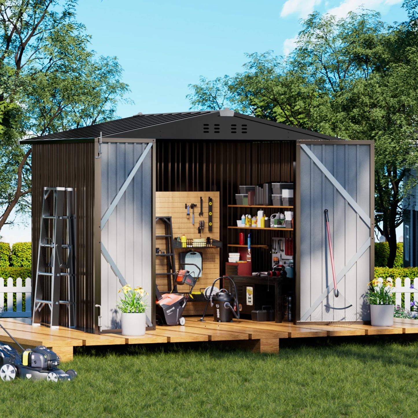 Comhoma Shed Outdoor Storage Shed Metal, Lockable Doors Tool Sheds with Sloping Roof, Steel Garden Shed with Air Vent