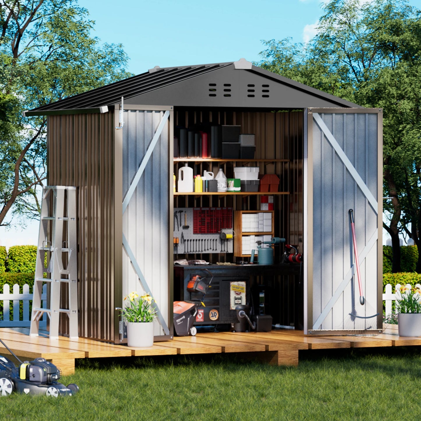 Comhoma Shed Outdoor Storage Shed Metal, Lockable Doors Tool Sheds with Sloping Roof, Steel Garden Shed with Air Vent