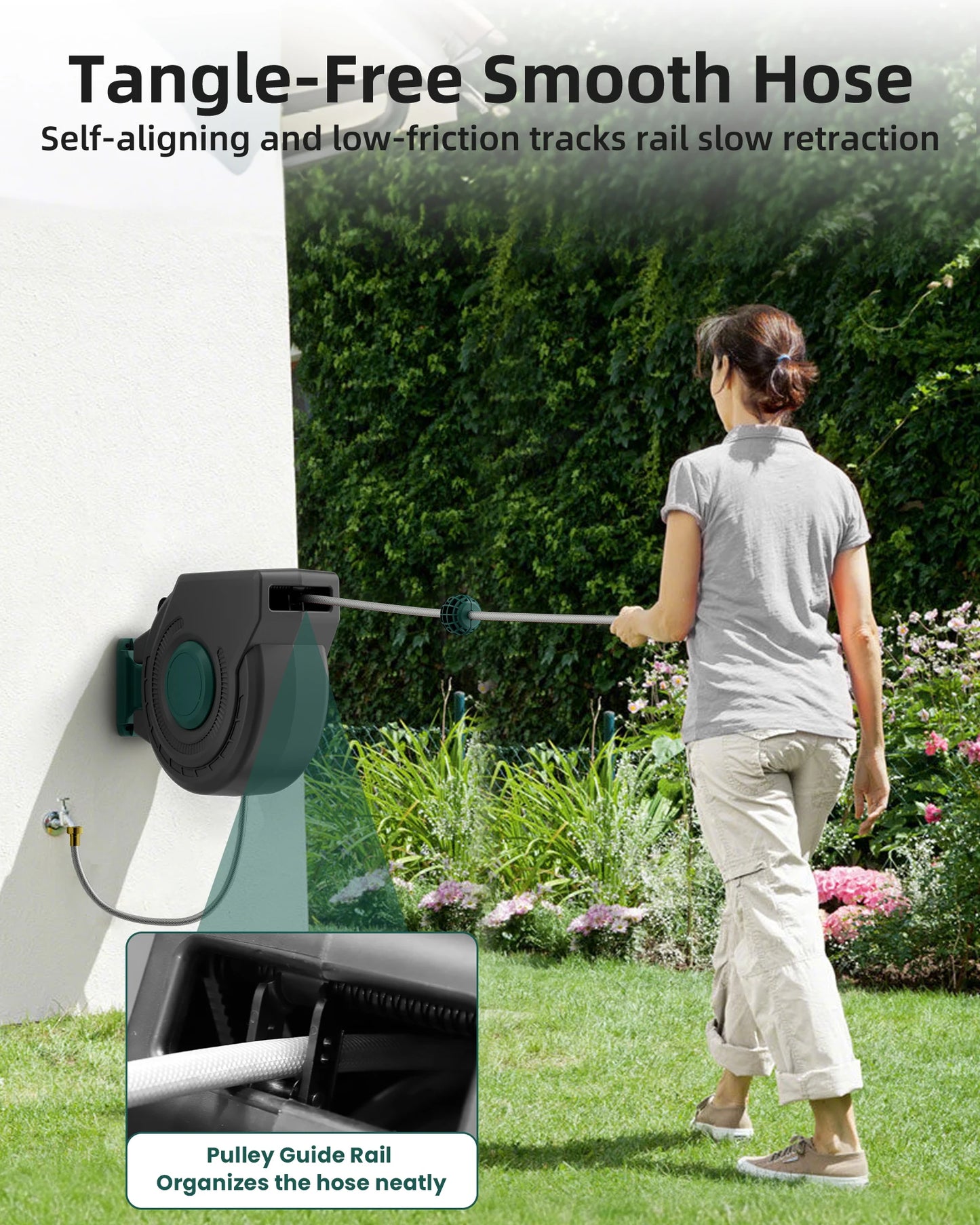 Retractable Garden Wall Mounted Heavy Duty Hose Reel 1/2" x 100 ft  with PRO Metal Bracket Auto Rewind System 180° Swivel