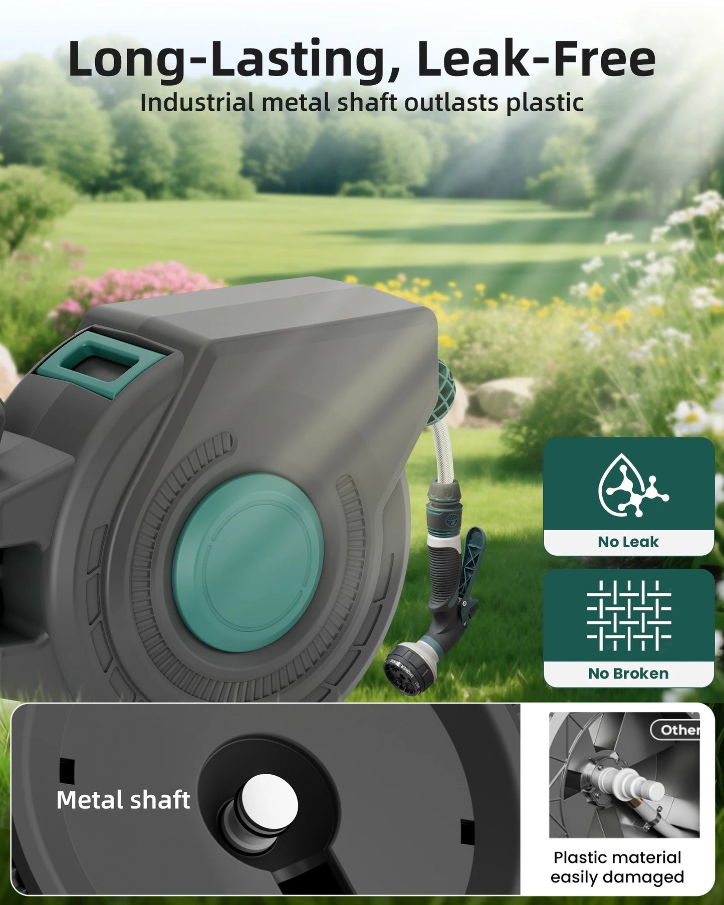Retractable Garden Wall Mounted Heavy Duty Hose Reel 1/2" x 100 ft  with PRO Metal Bracket Auto Rewind System 180° Swivel