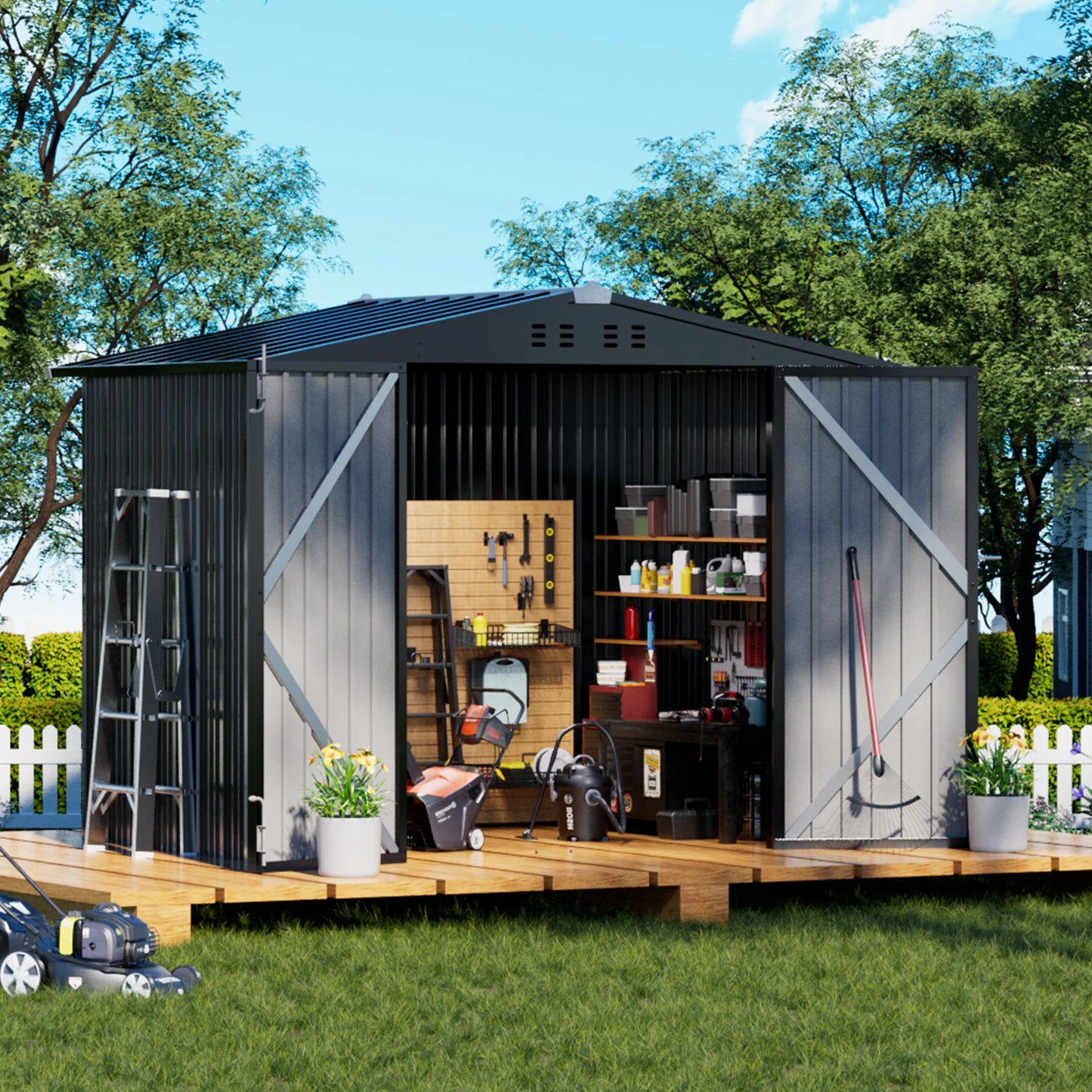 Comhoma Shed Outdoor Storage Shed Metal, Lockable Doors Tool Sheds with Sloping Roof, Steel Garden Shed with Air Vent