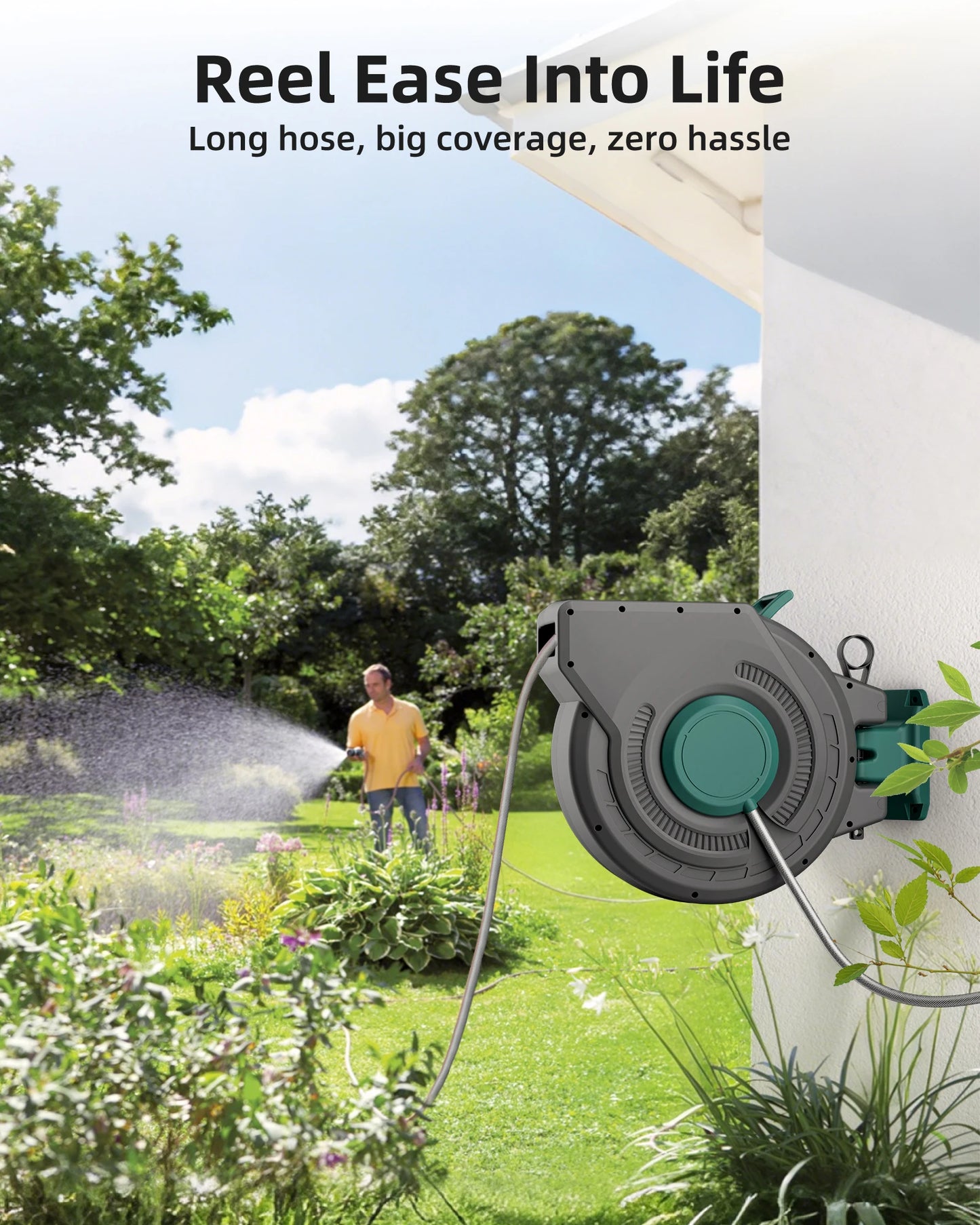 Retractable Garden Wall Mounted Heavy Duty Hose Reel 1/2" x 100 ft  with PRO Metal Bracket Auto Rewind System 180° Swivel