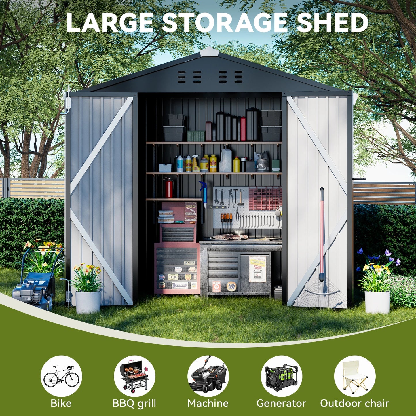 Comhoma Shed Outdoor Storage Shed Metal, Lockable Doors Tool Sheds with Sloping Roof, Steel Garden Shed with Air Vent
