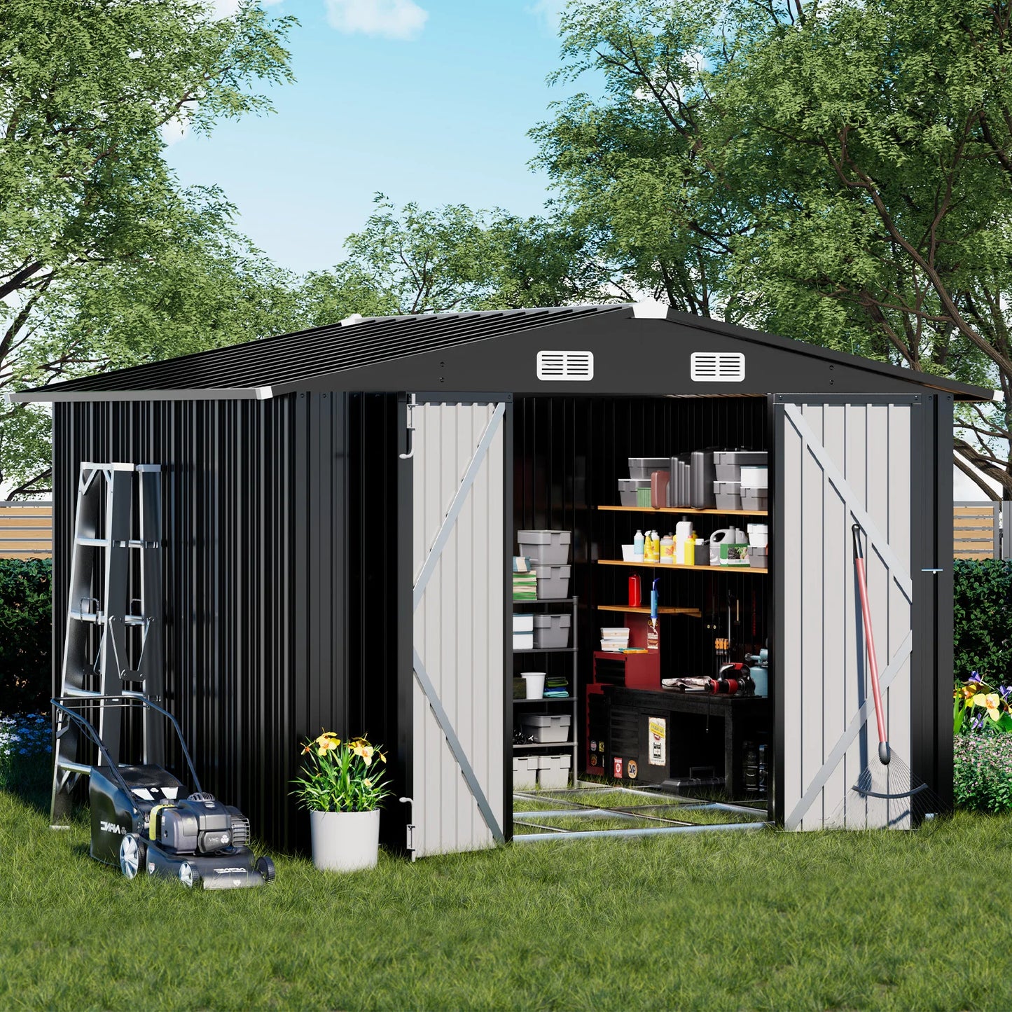 Comhoma Shed Outdoor Storage Shed Metal, Lockable Doors Tool Sheds with Sloping Roof, Steel Garden Shed with Air Vent