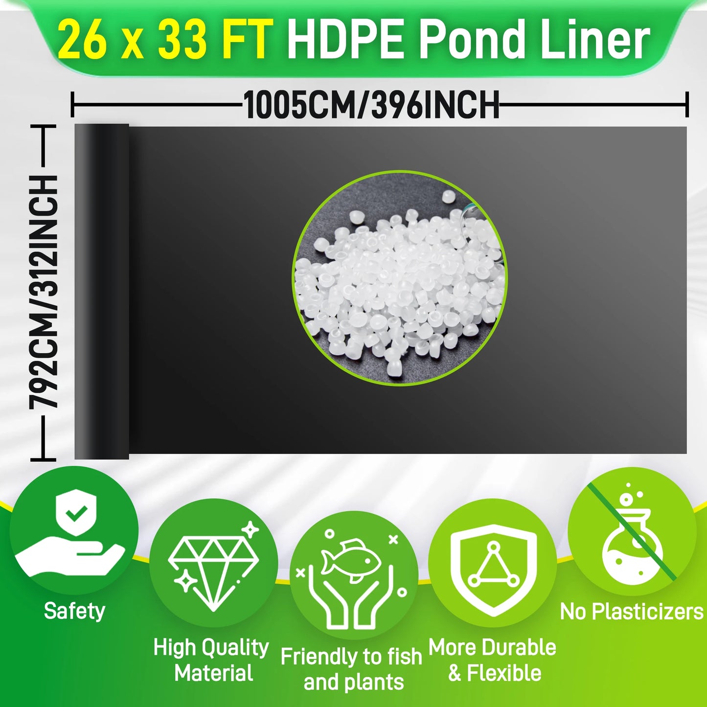 Pond Liner 26x33Ft,HDPE Large Pond Liners for Outdoor Ponds, Pond Liners for Fish, Koi, Water Garden, Waterfall, Fountain