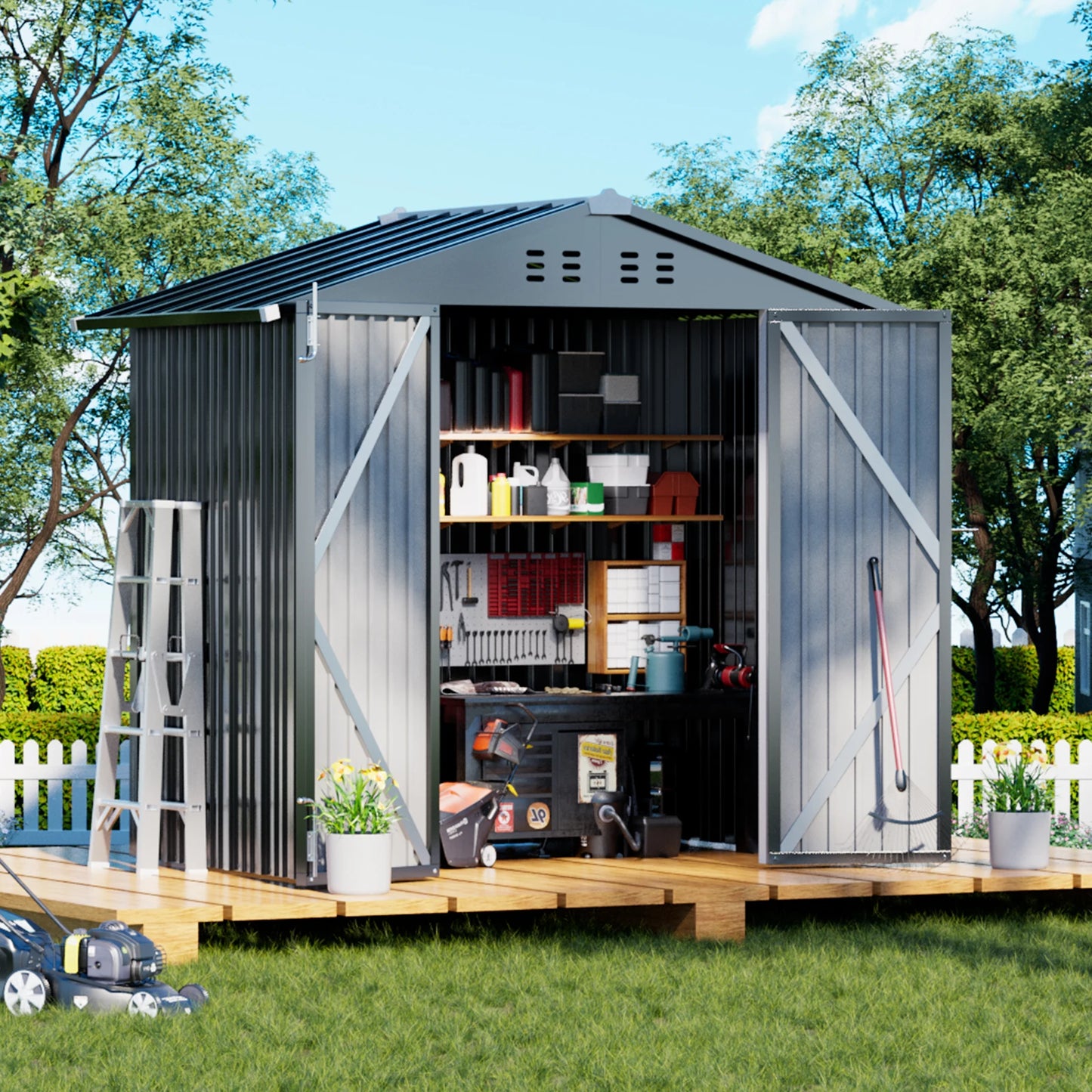 Comhoma Shed Outdoor Storage Shed Metal, Lockable Doors Tool Sheds with Sloping Roof, Steel Garden Shed with Air Vent