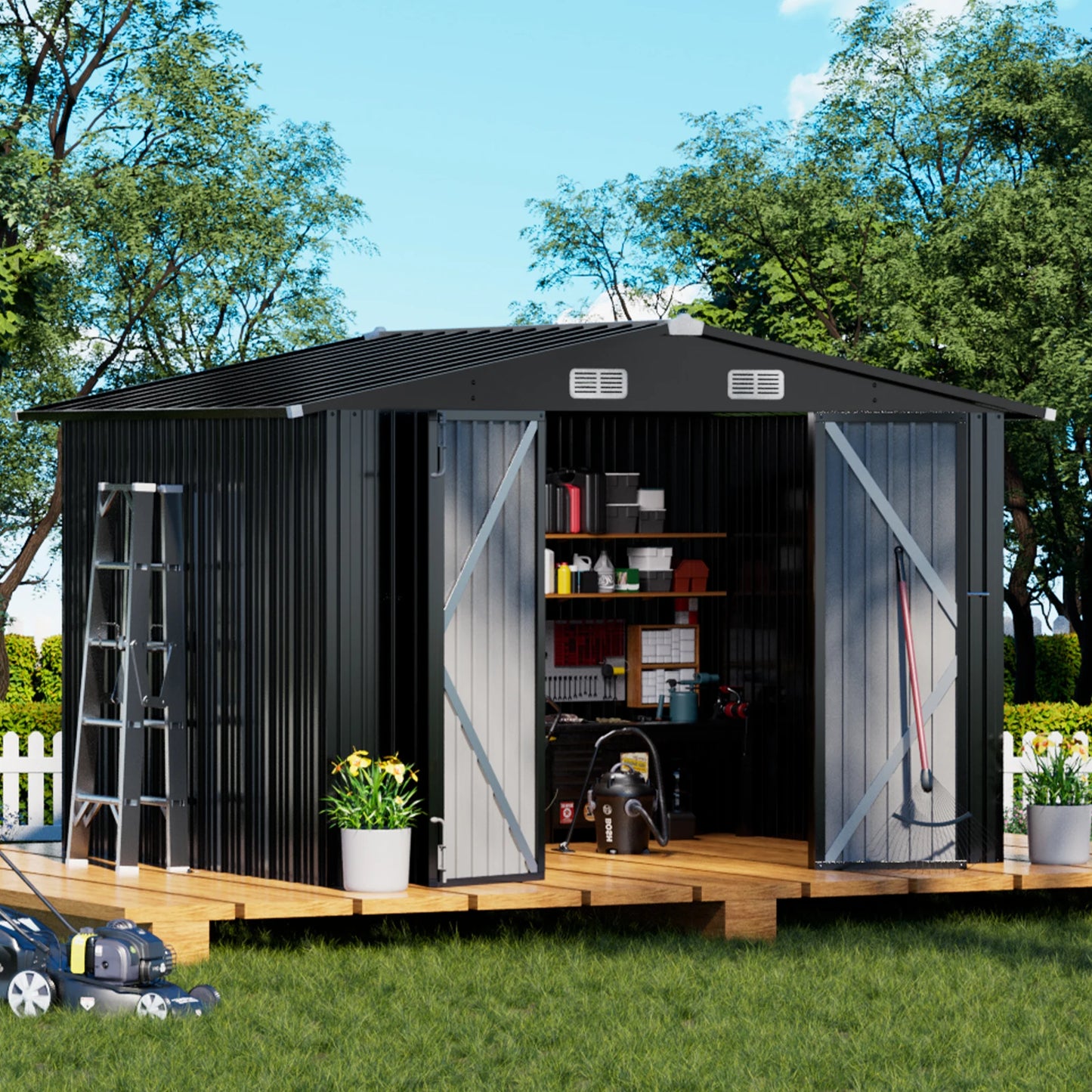Comhoma Shed Outdoor Storage Shed Metal, Lockable Doors Tool Sheds with Sloping Roof, Steel Garden Shed with Air Vent