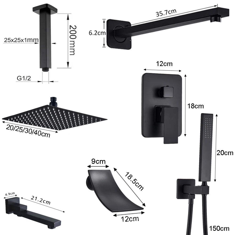 POIQIHY Embedded In Wall Shower Faucet Rainfall Stainless Steel 8/10/12/16" Shower Head Faucet Shower Tap Mixers Matte Black