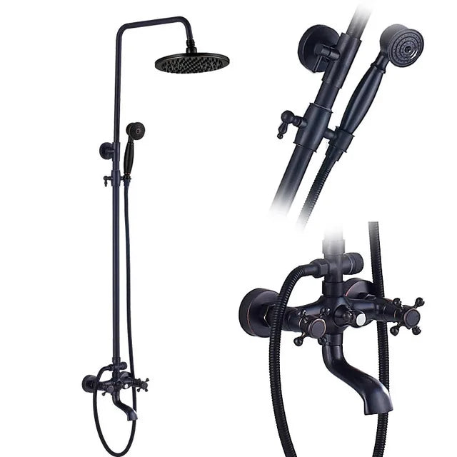 Black Bronze Bathroom Shower Faucet Set Wall Mount Dual Handle with Handshower Brass Bathroom Shower Hot Cold Water  Mixer Tap