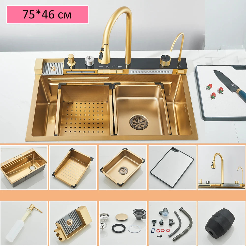 304 Stainless Steel Kitchen Sink Double Waterfall Single Slot Integrated Digital Display Faucet Set Soap dispenser Cup Washer