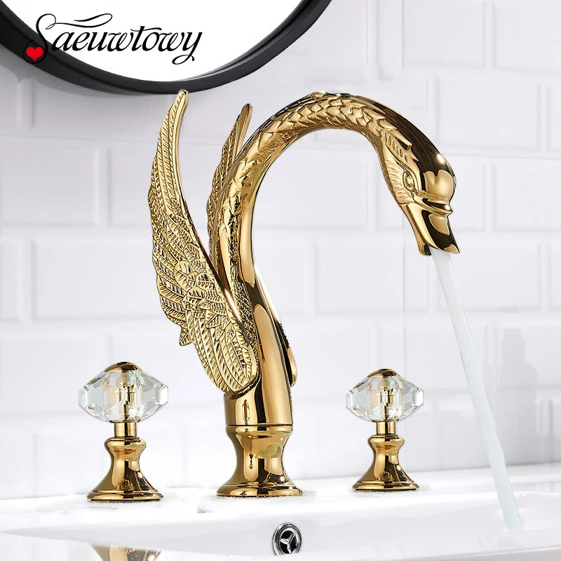 Golden Swan Shape Bathroom Faucet Basin Faucet Tap  Bathtub Faucet Two Crystal Handles Hot Cold Mixer Crane Basin Faucet Tap