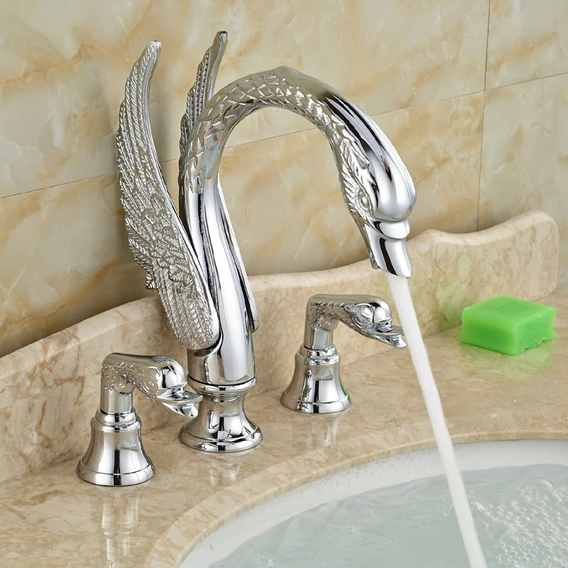 Golden Swan Shape Bathroom Faucet Basin Faucet Tap  Bathtub Faucet Two Crystal Handles Hot Cold Mixer Crane Basin Faucet Tap