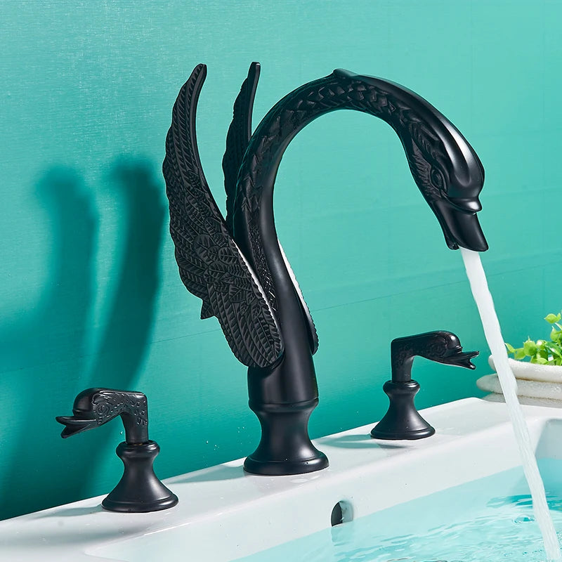 Golden Swan Shape Bathroom Faucet Basin Faucet Tap  Bathtub Faucet Two Crystal Handles Hot Cold Mixer Crane Basin Faucet Tap