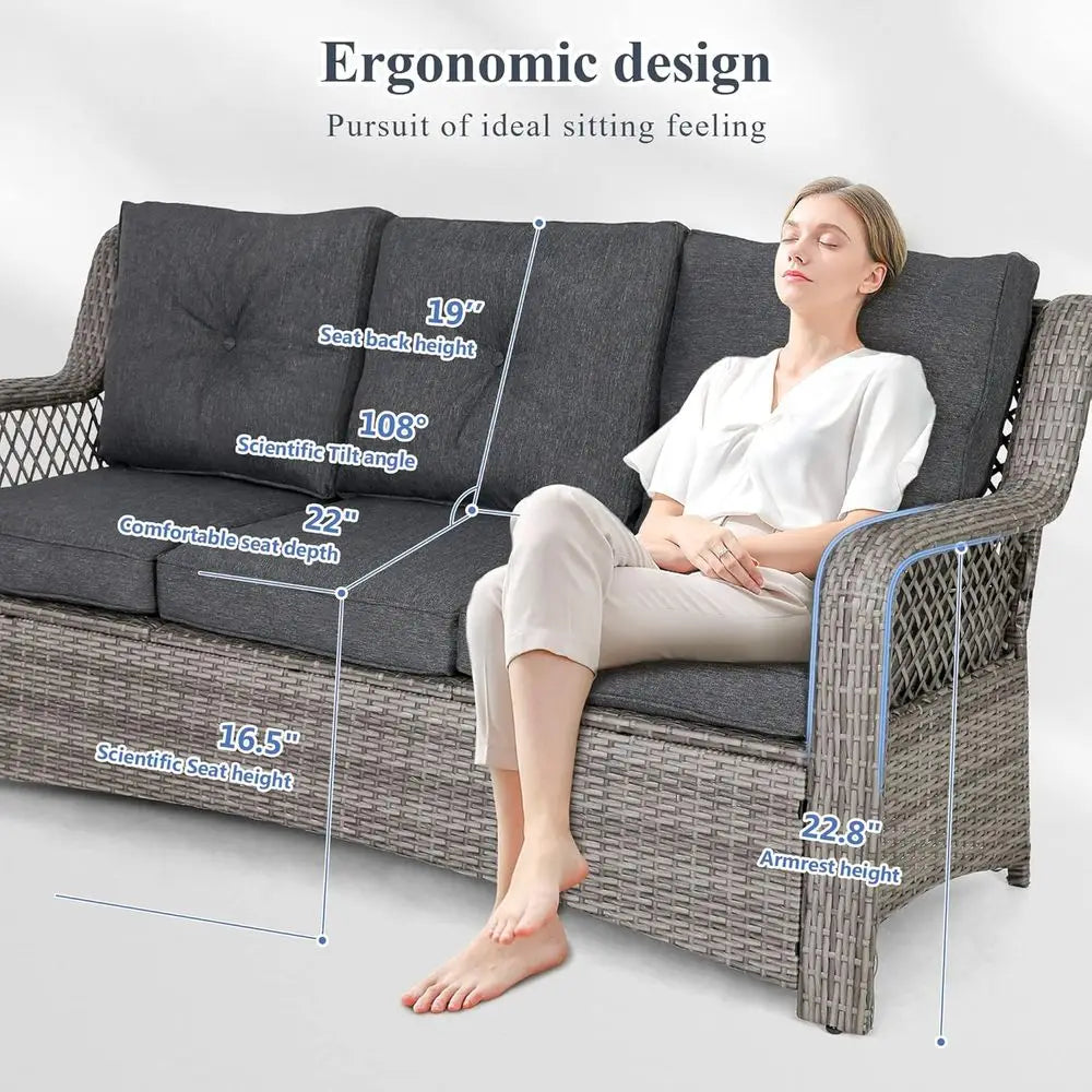6-Piece Grey Wicker Outdoor Patio Furniture Set with Sectional Sofa, Coffee Table, High Back Chairs, and Ottoman for Garden, Dec