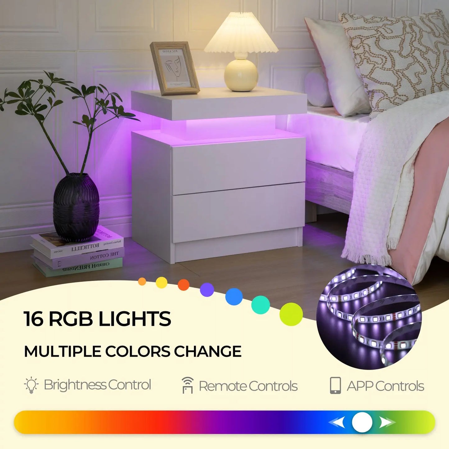 Cubehom LED Nightstands With Two Drawers And RGB Lighting