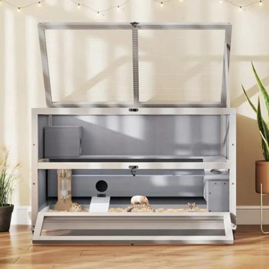 3Tier Wooden Hamster Cage 35.4'' with Removable Ramps and Tray Small Animals Hutch with Wheels and 2 Openable Doors Critter Nat