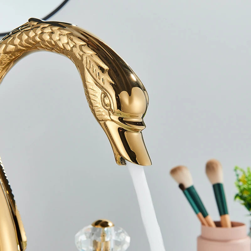 Golden Swan Shape Bathroom Faucet Basin Faucet Tap  Bathtub Faucet Two Crystal Handles Hot Cold Mixer Crane Basin Faucet Tap