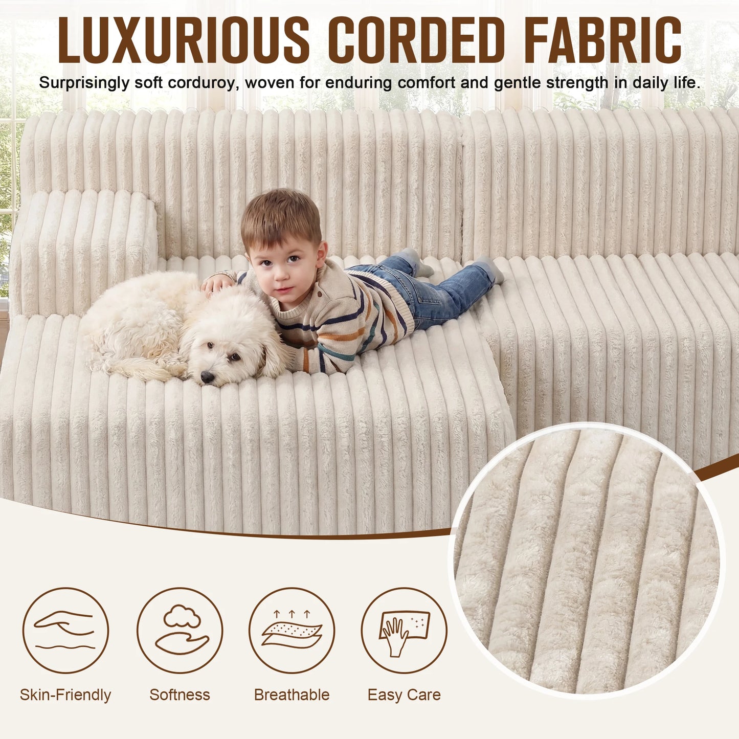 Redlife L-Shape Corduroy Sectional Sofa Cloud-Like Comfort No Assembly Required