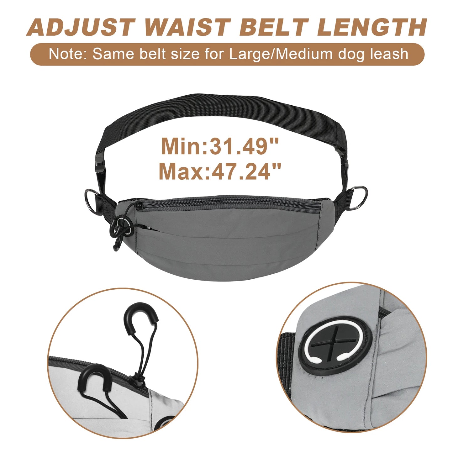 Crossbody Hand Free Dog Leash with Pouch, Reflective Waist Pouch, Adjustable Shoulder Dog Leash 3.6-6.5ft with Detachable Car Sa