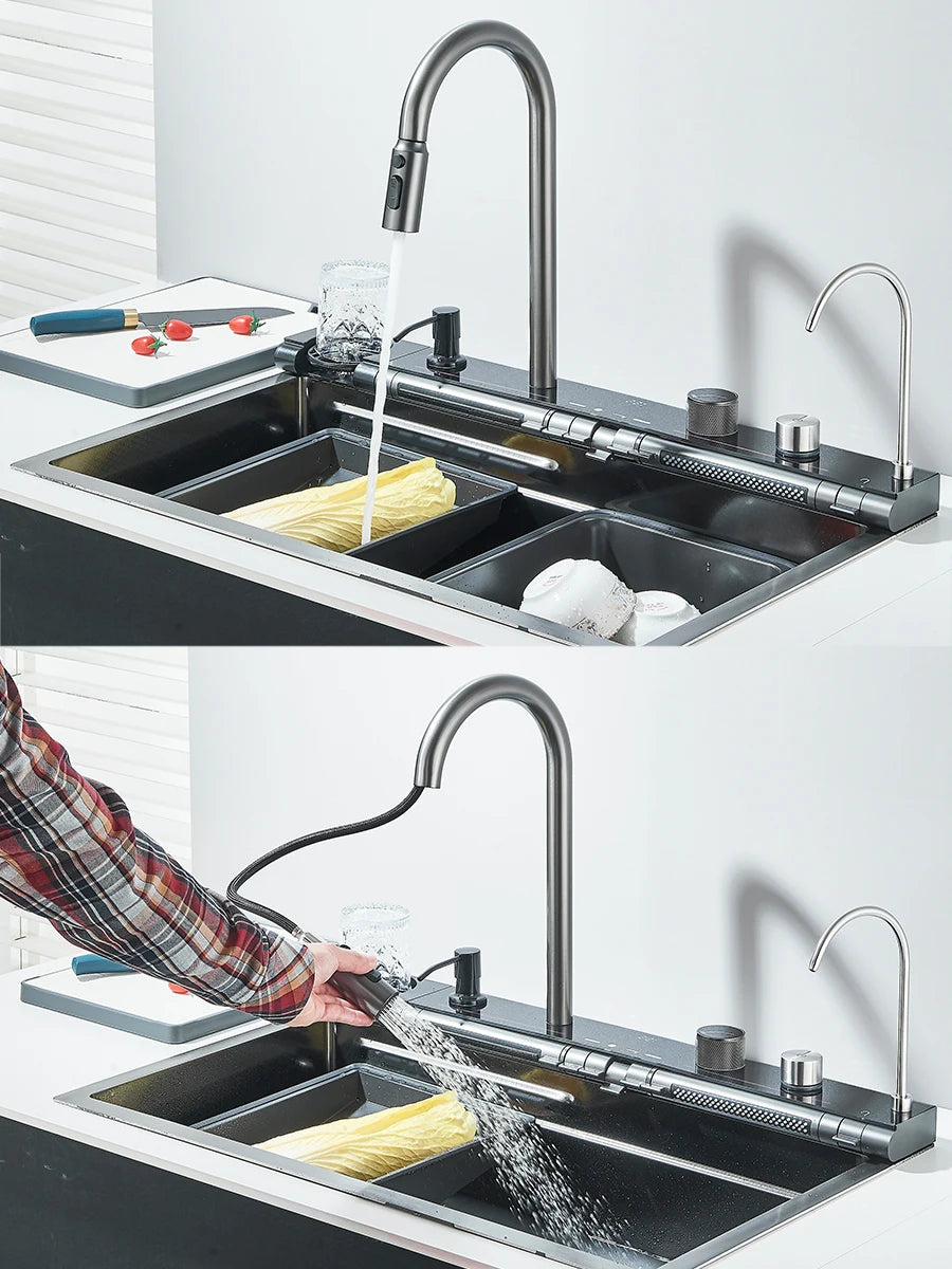 304 Stainless Steel Kitchen Sink Double Waterfall Single Slot Integrated Digital Display Faucet Set Soap dispenser Cup Washer