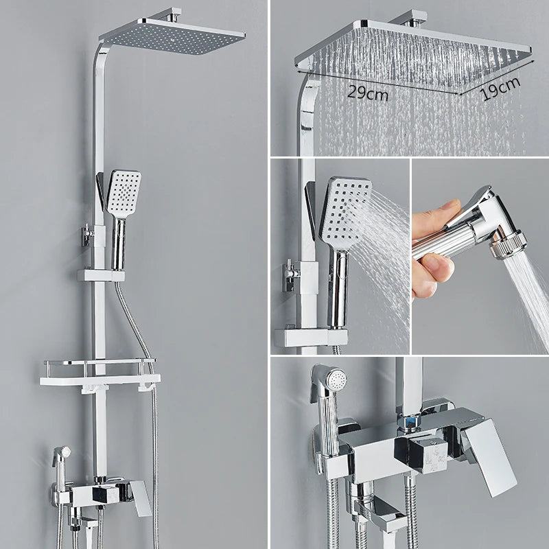 3/4-way Shower Faucet Rainfall Shower Hot Cold Water Mixer Bidet Faucet Commodity Shelf For Bathroom Shower Mixer Chrome Black