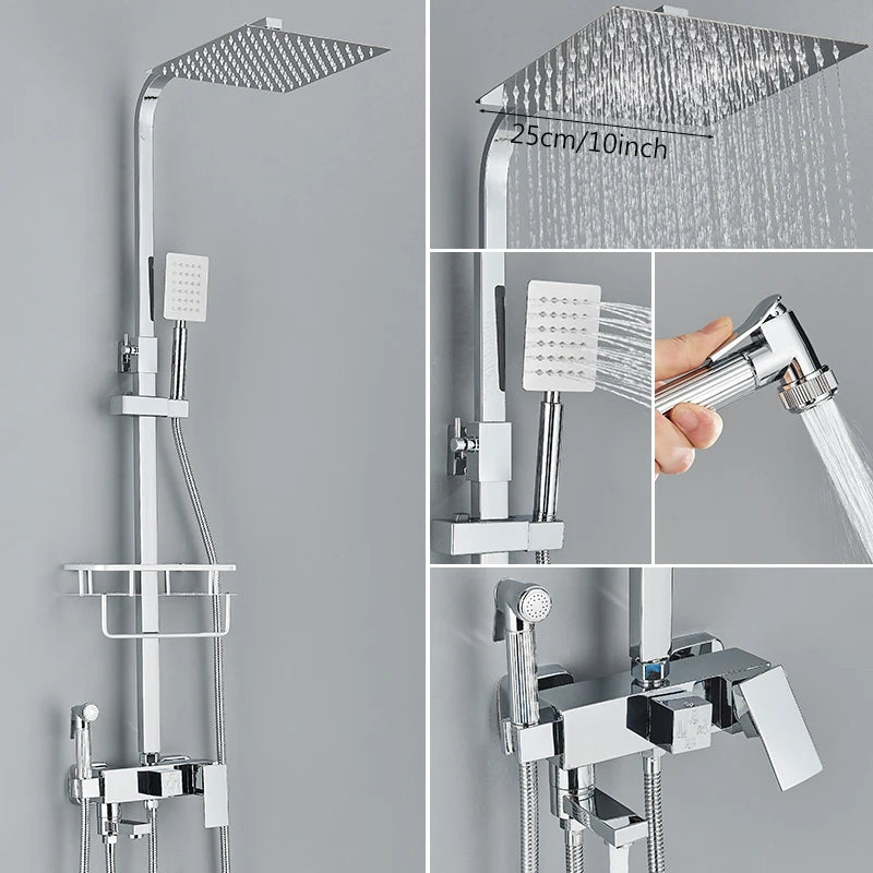 3/4-way Shower Faucet Rainfall Shower Hot Cold Water Mixer Bidet Faucet Commodity Shelf For Bathroom Shower Mixer Chrome Black