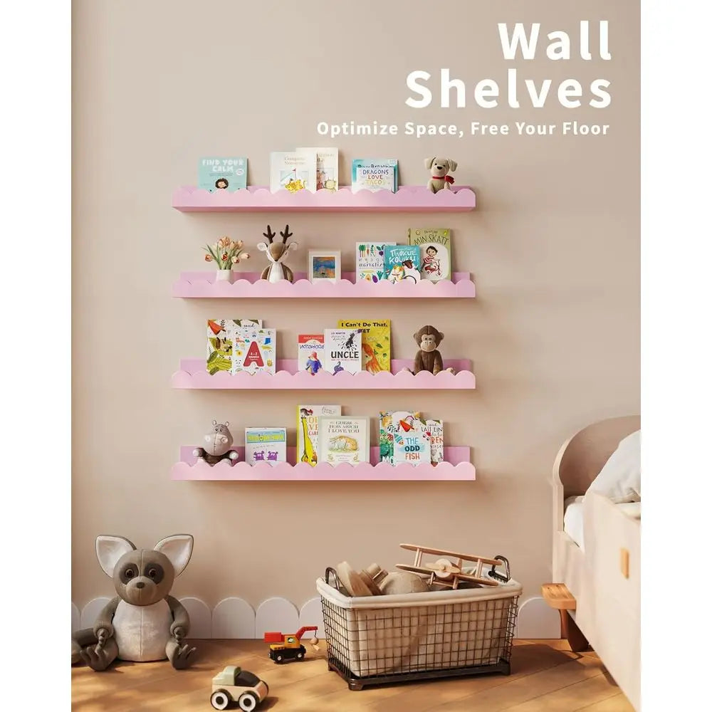 Set of 4 White Scalloped Floating Shelves for Kids' Rooms, Nursery, and Baby Rooms - Pink, 23