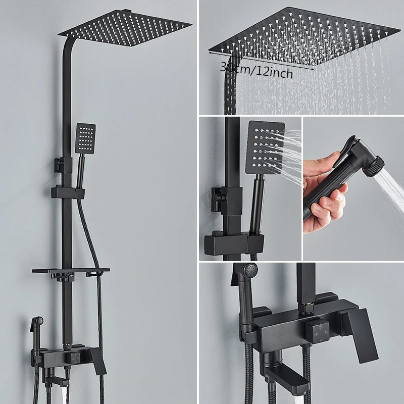 3/4-way Shower Faucet Rainfall Shower Hot Cold Water Mixer Bidet Faucet Commodity Shelf For Bathroom Shower Mixer Chrome Black
