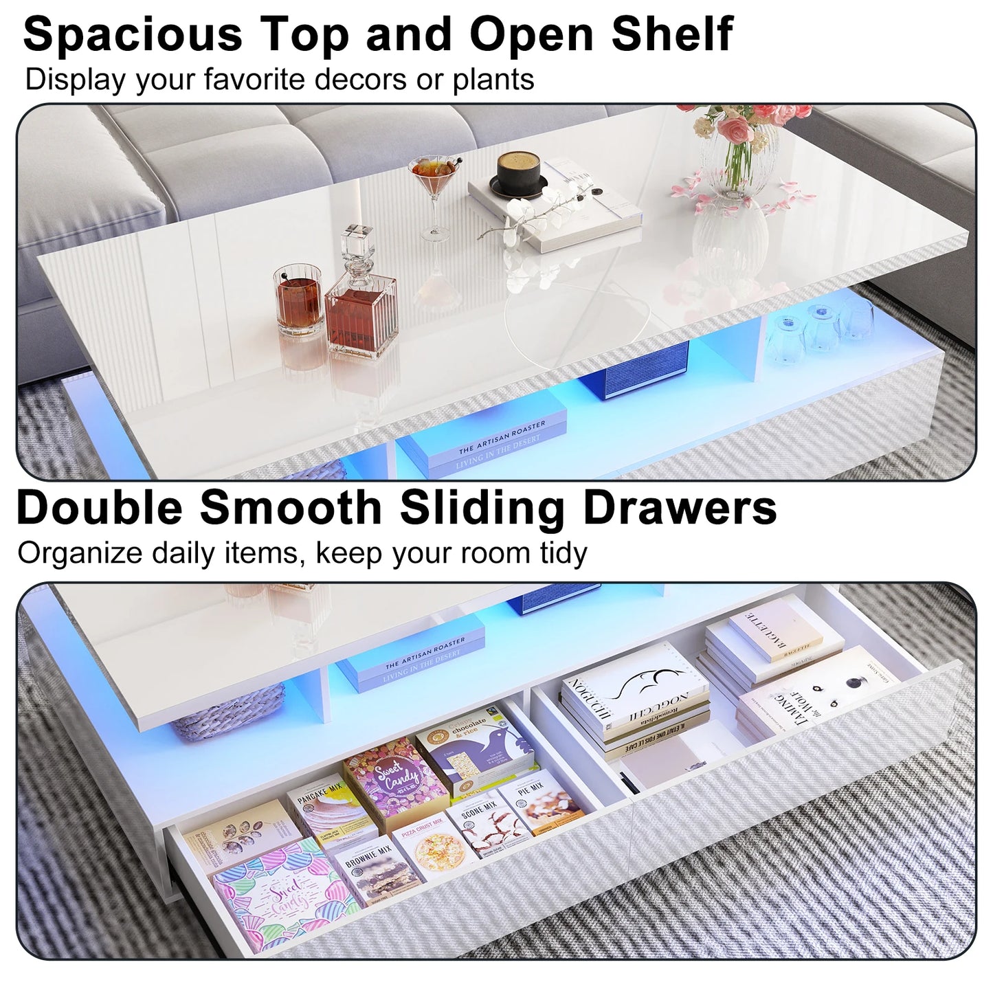 43 Inch LED Coffee Table w/2 Storage Drawers, Modern High Gloss Coffee Table w/Display Shelf, Rectangle 2-Tier Center Table