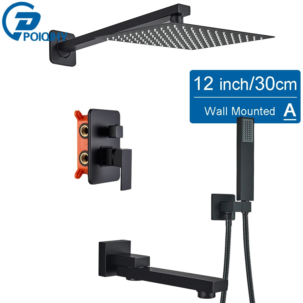 POIQIHY Embedded In Wall Shower Faucet Rainfall Stainless Steel 8/10/12/16" Shower Head Faucet Shower Tap Mixers Matte Black