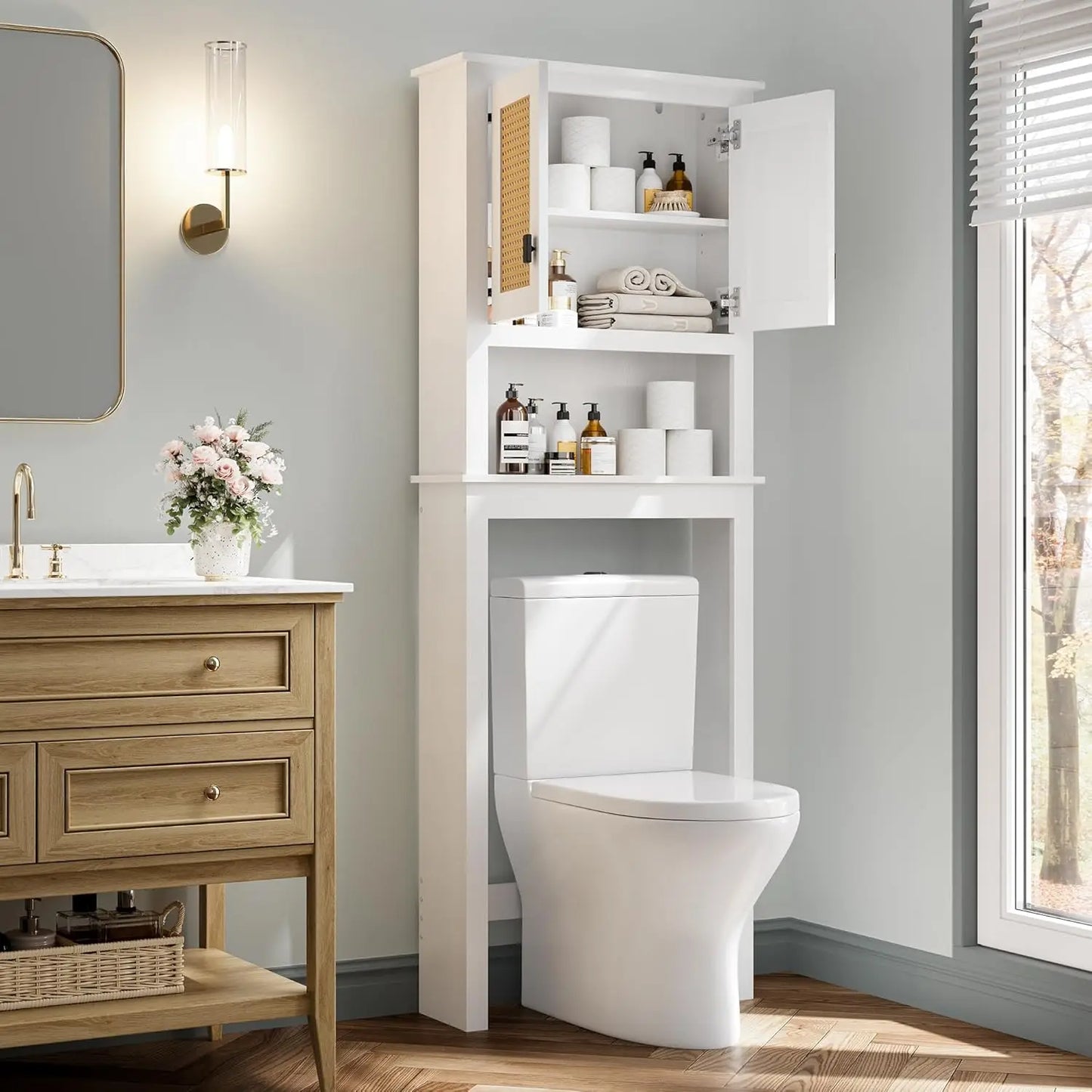 Farmhouse White Over Toilet Storage Cabinet with Natural Rattan Doors, Adjustable Shelf Toilet Rack