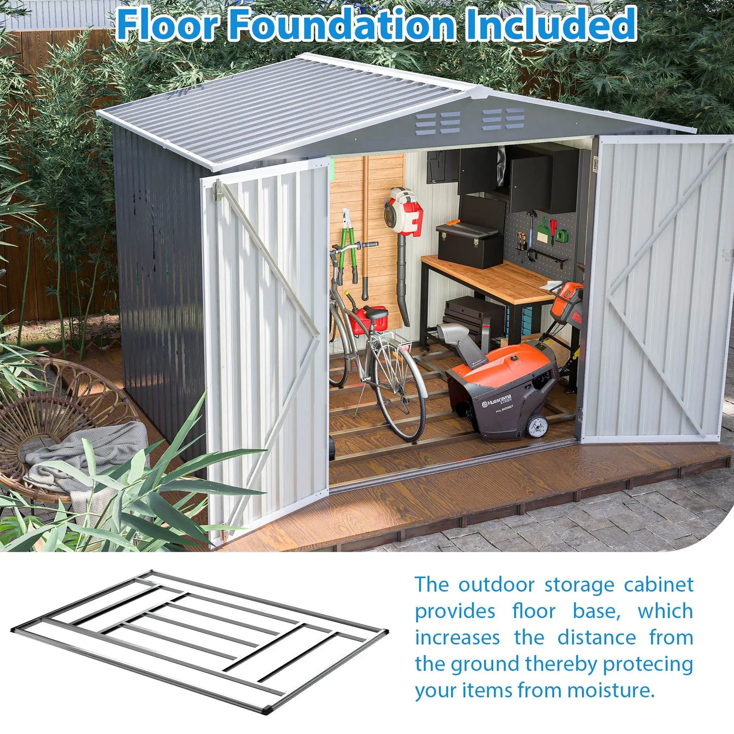 8x6 FT Outdoor Waterproof Garden Shed, Metal Foundation, Lockable Hinged Doors, Air Vents, Gray for Backyard & Lawn