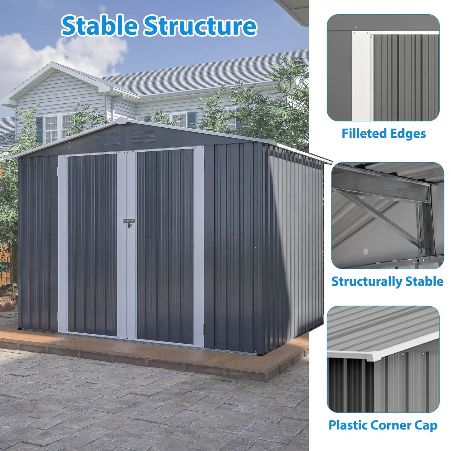 8x6 FT Outdoor Waterproof Garden Shed, Metal Foundation, Lockable Hinged Doors, Air Vents, Gray for Backyard & Lawn