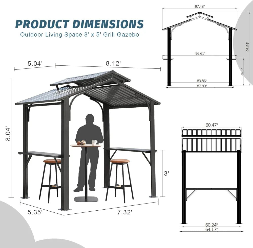 8x5FT Hardtop Grill Gazebo with Double Steel Roof, Side Shelves & Ceiling Hooks for Outdoor BBQ Patio Garden Backyard