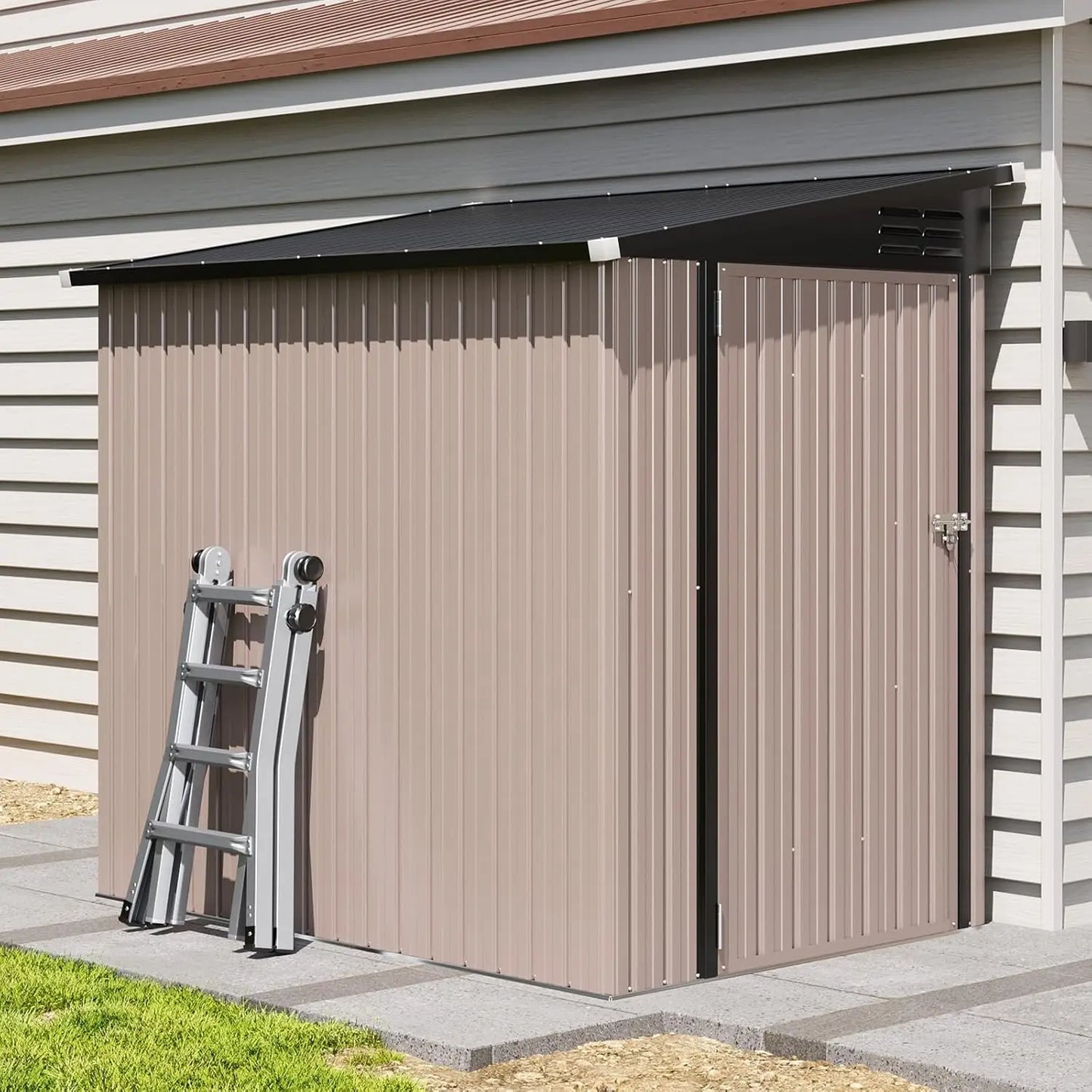 6x4ft Lean-to Steel Garden Storage Shed Lockable Waterproof Rust-proof Yard Patio Backyard Brown Custom
