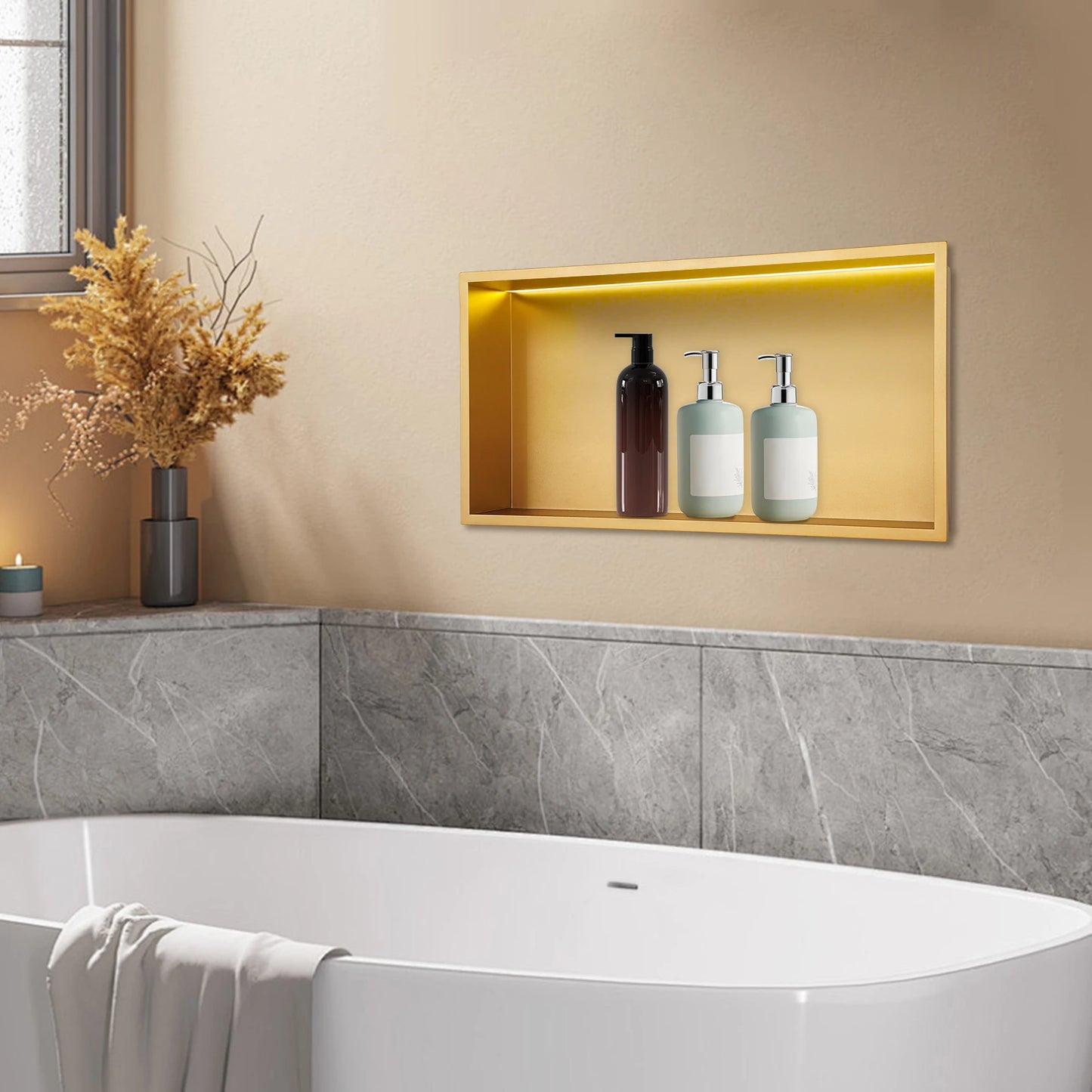 Gold Shower Niche with Lighting Embedded Bathroom Recessed Wall Shelf LED Stainless Steel Shower Niche for Kitchen Hotel