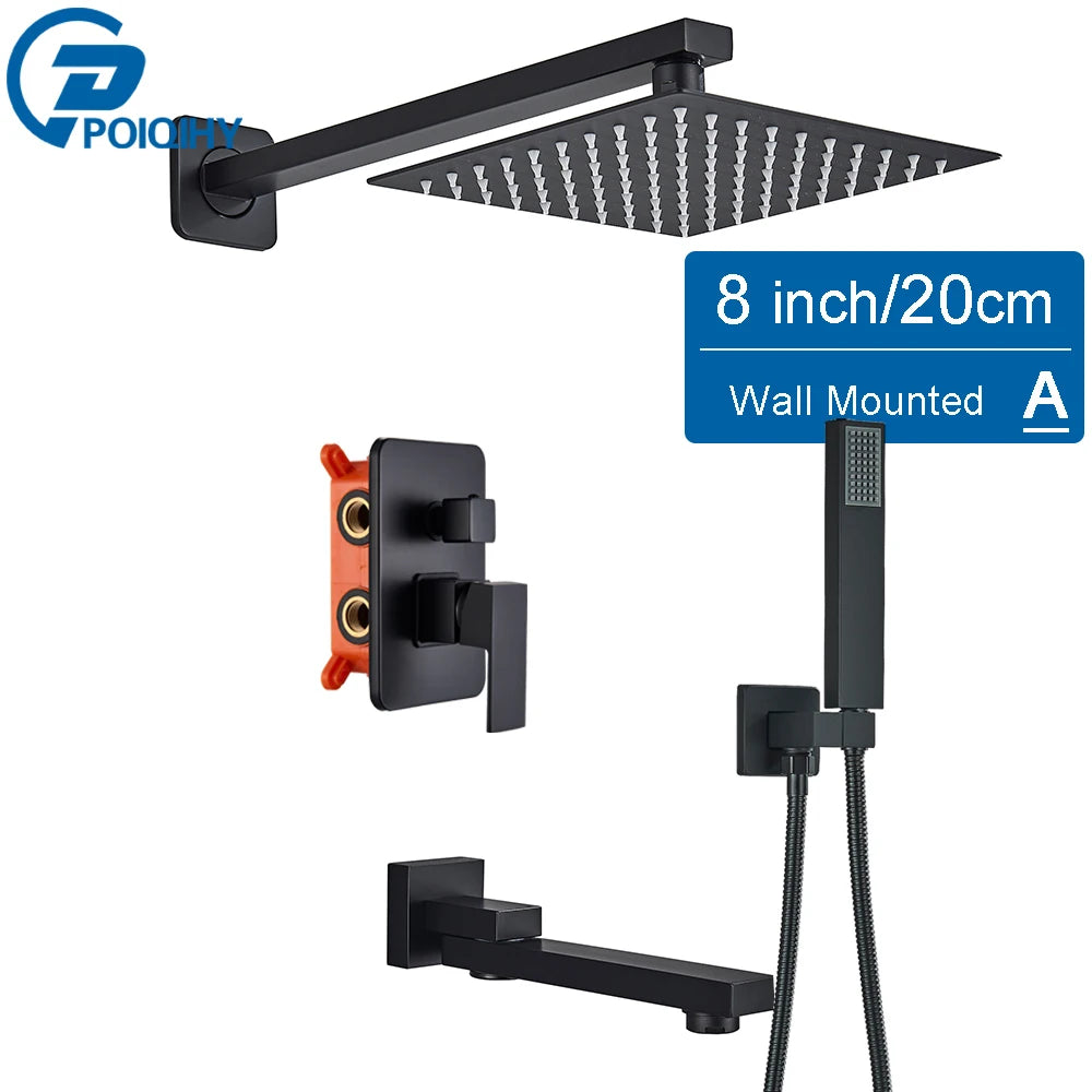 POIQIHY Embedded In Wall Shower Faucet Rainfall Stainless Steel 8/10/12/16" Shower Head Faucet Shower Tap Mixers Matte Black