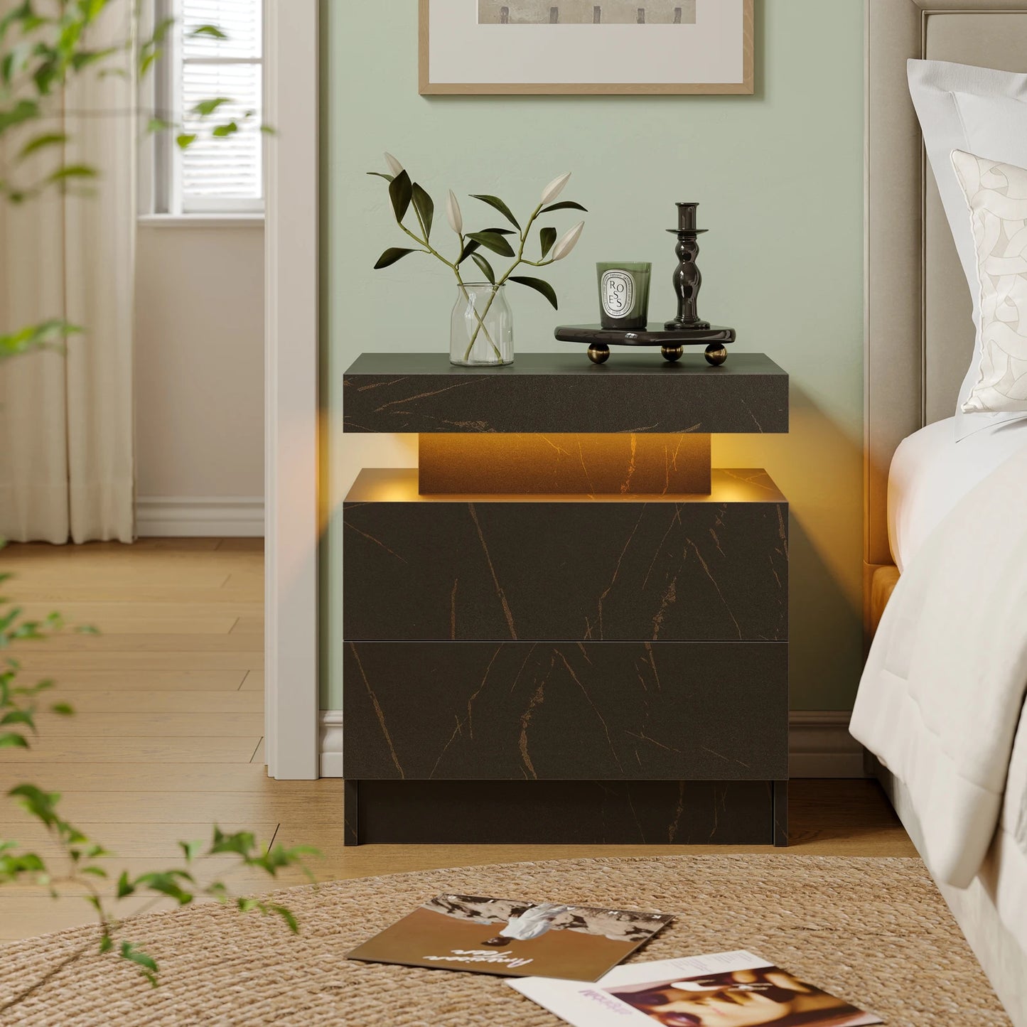 Cubehom LED Nightstands With Two Drawers And RGB Lighting