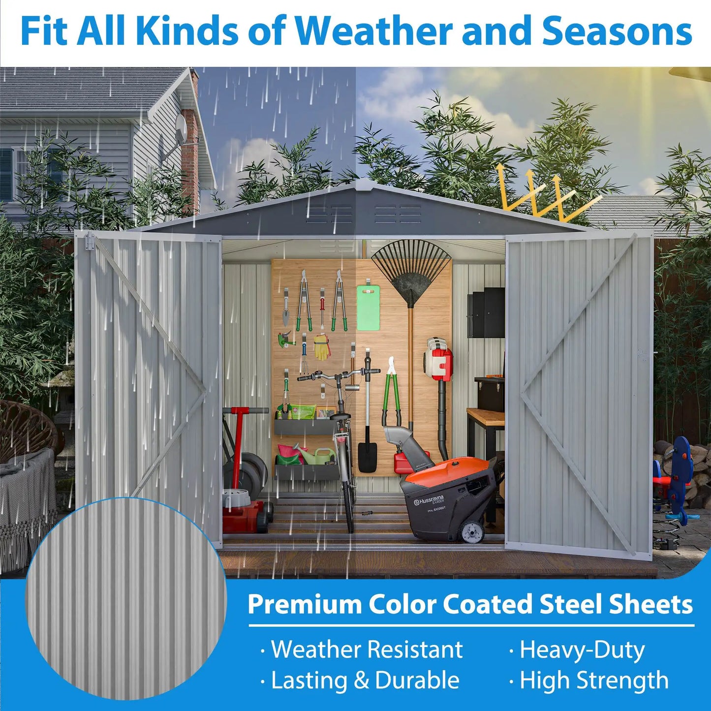 8x6 FT Outdoor Waterproof Garden Shed, Metal Foundation, Lockable Hinged Doors, Air Vents, Gray for Backyard & Lawn