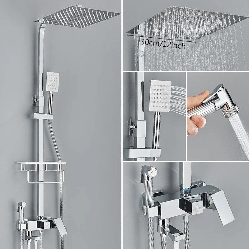 3/4-way Shower Faucet Rainfall Shower Hot Cold Water Mixer Bidet Faucet Commodity Shelf For Bathroom Shower Mixer Chrome Black