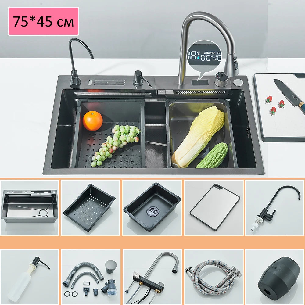 304 Stainless Steel Kitchen Sink Double Waterfall Single Slot Integrated Digital Display Faucet Set Soap dispenser Cup Washer