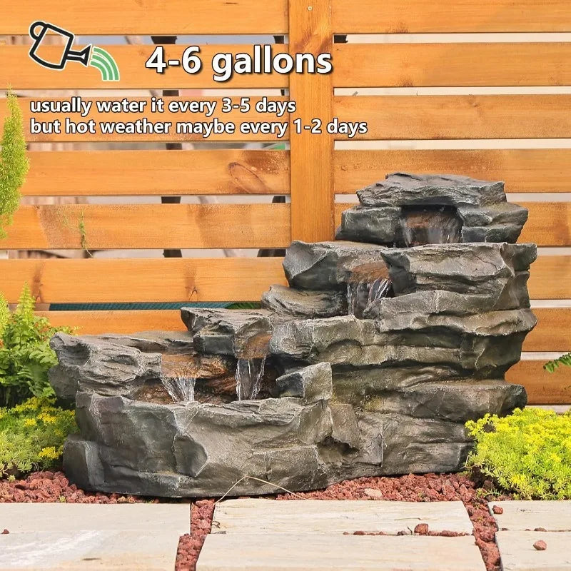 37" L Garden Outdoor Water Fountain, Floor Standing 5-Tiers Rock Natural Waterfall Outdoor Fountains with LED Lights for Patio,
