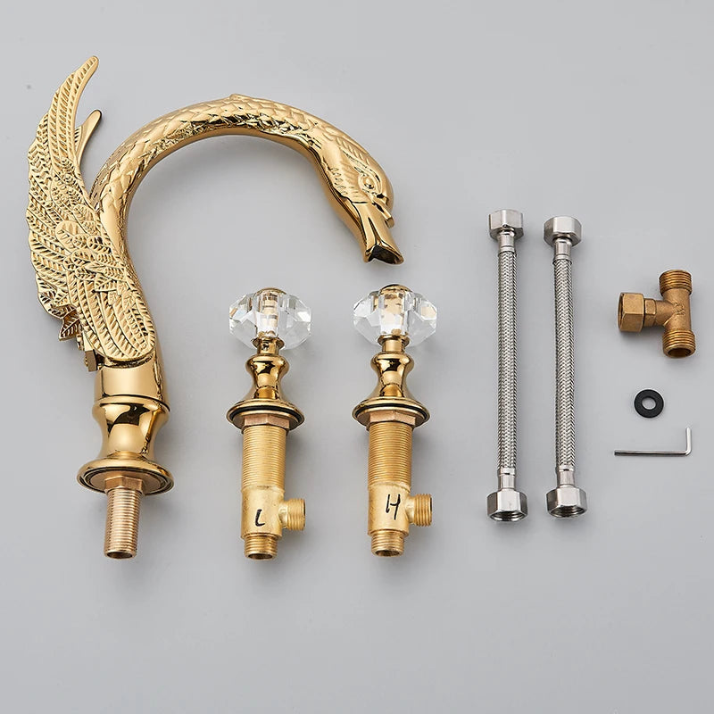 Golden Swan Shape Bathroom Faucet Basin Faucet Tap  Bathtub Faucet Two Crystal Handles Hot Cold Mixer Crane Basin Faucet Tap